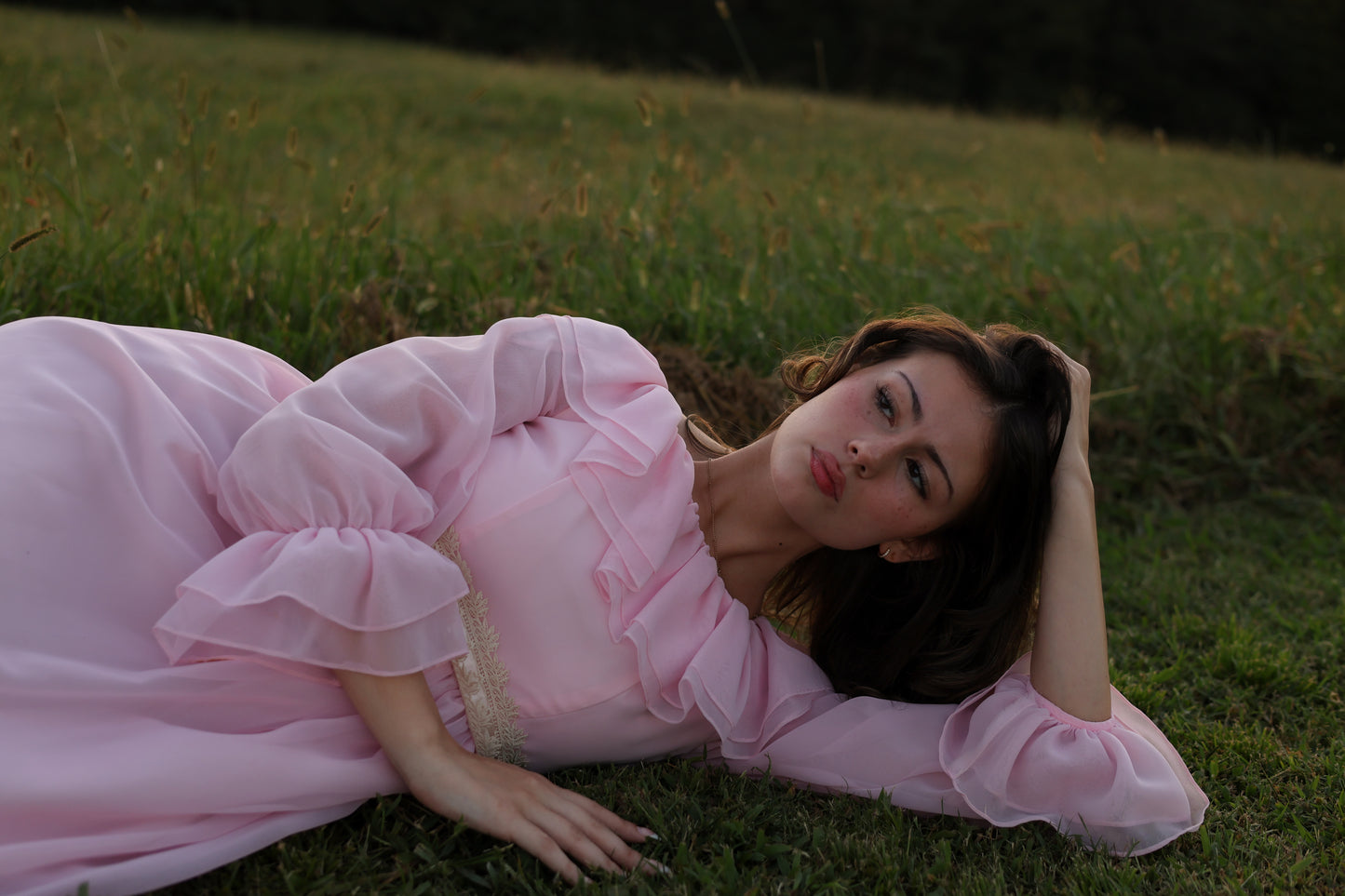 Vintage 1970s Soft Pink Chiffon Gown with Ruffled Bodice and Sheer Poet Sleeves