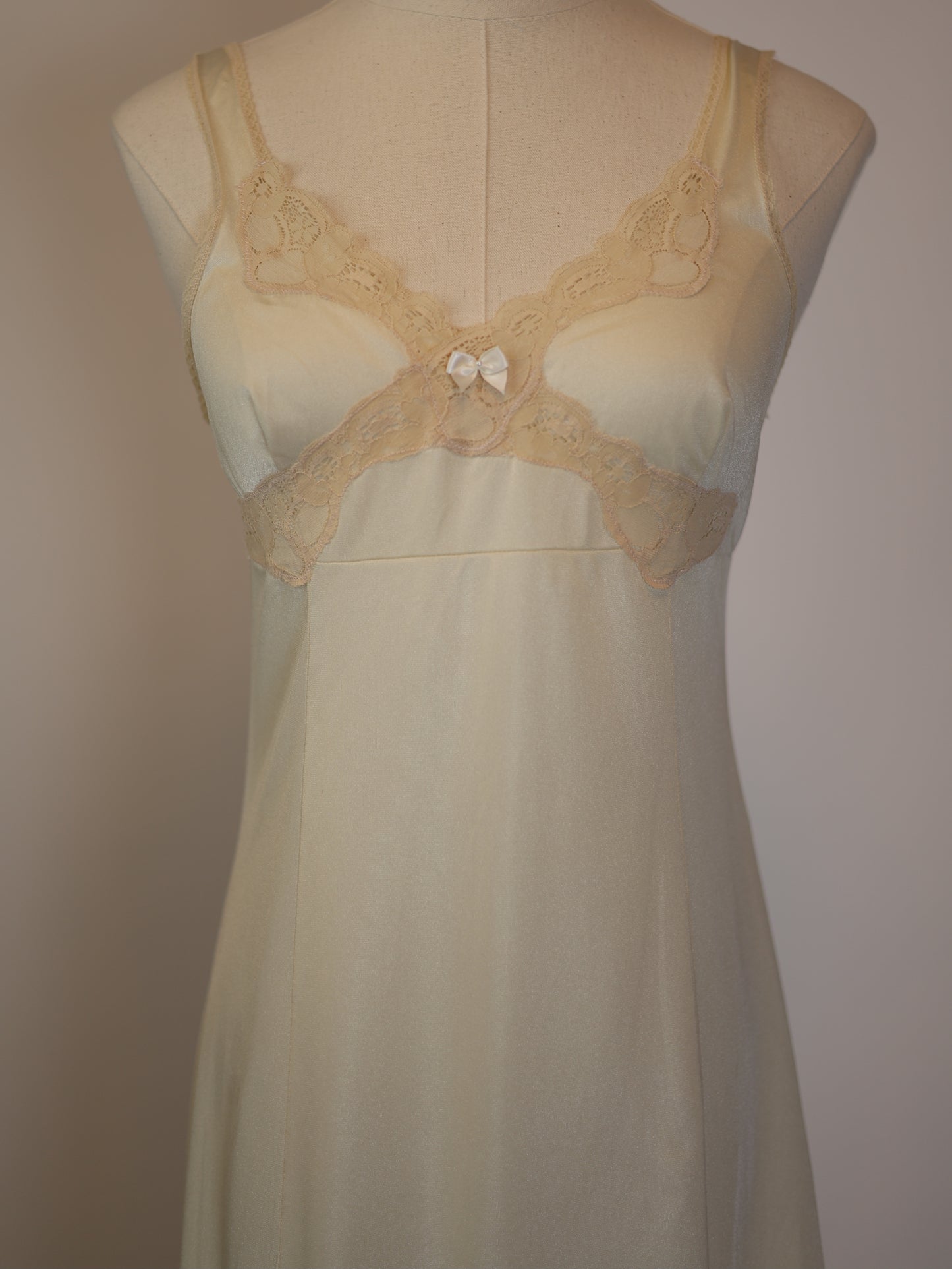 Vintage 60s Pale Champagne Slip Dress with Beige Lace Trim