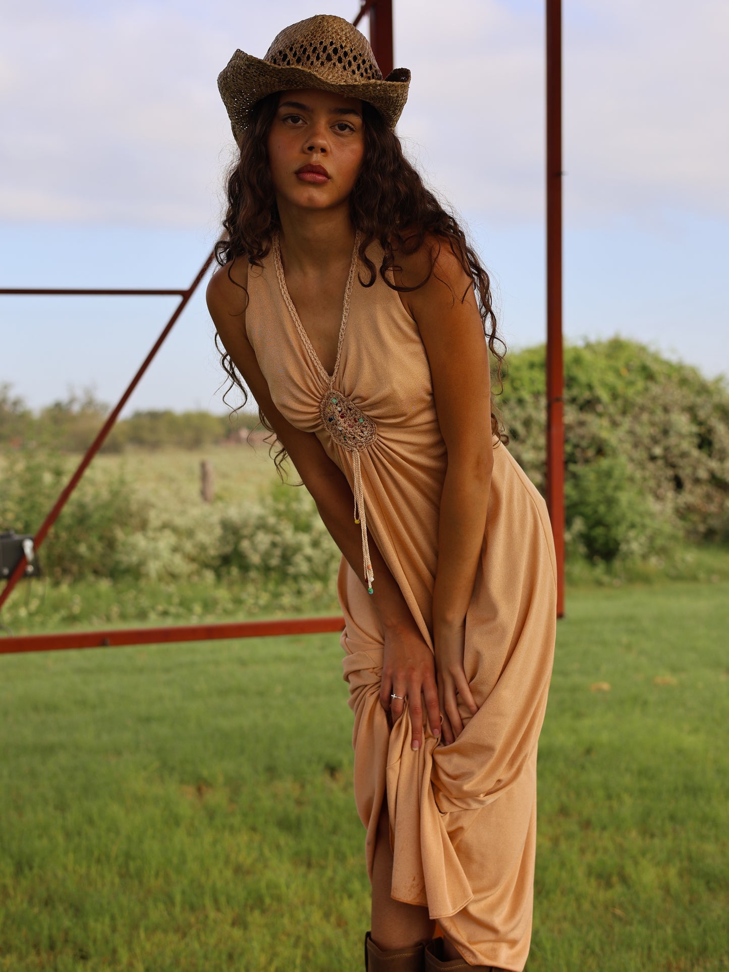 1970s Camel Slinky Knit Maxi Dress Beaded Boho Hippie Festival Gown