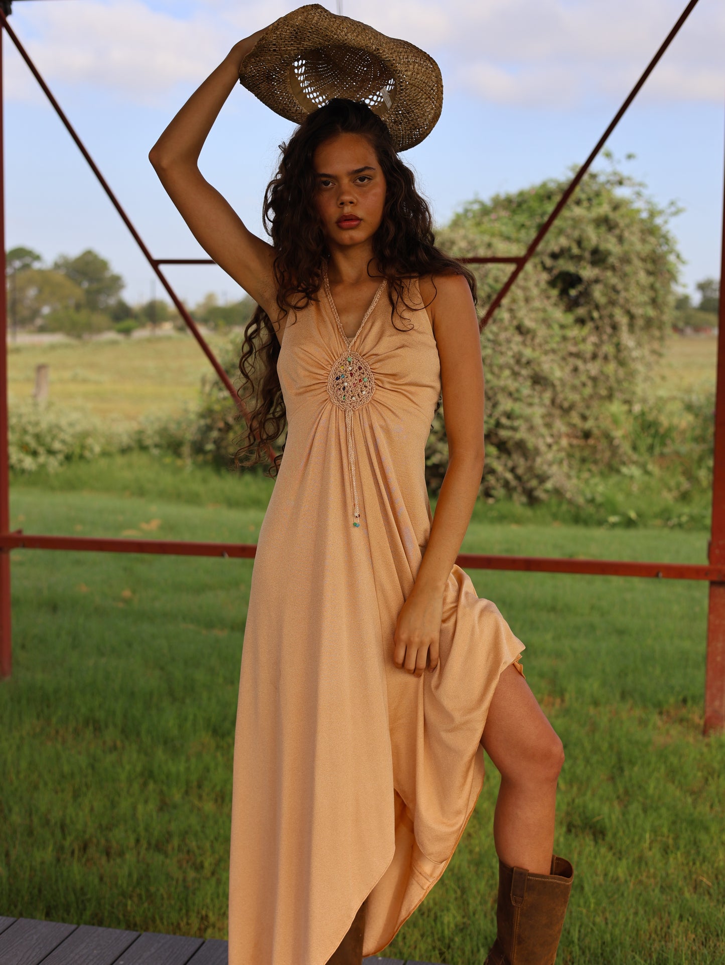 1970s Camel Slinky Knit Maxi Dress Beaded Boho Hippie Festival Gown