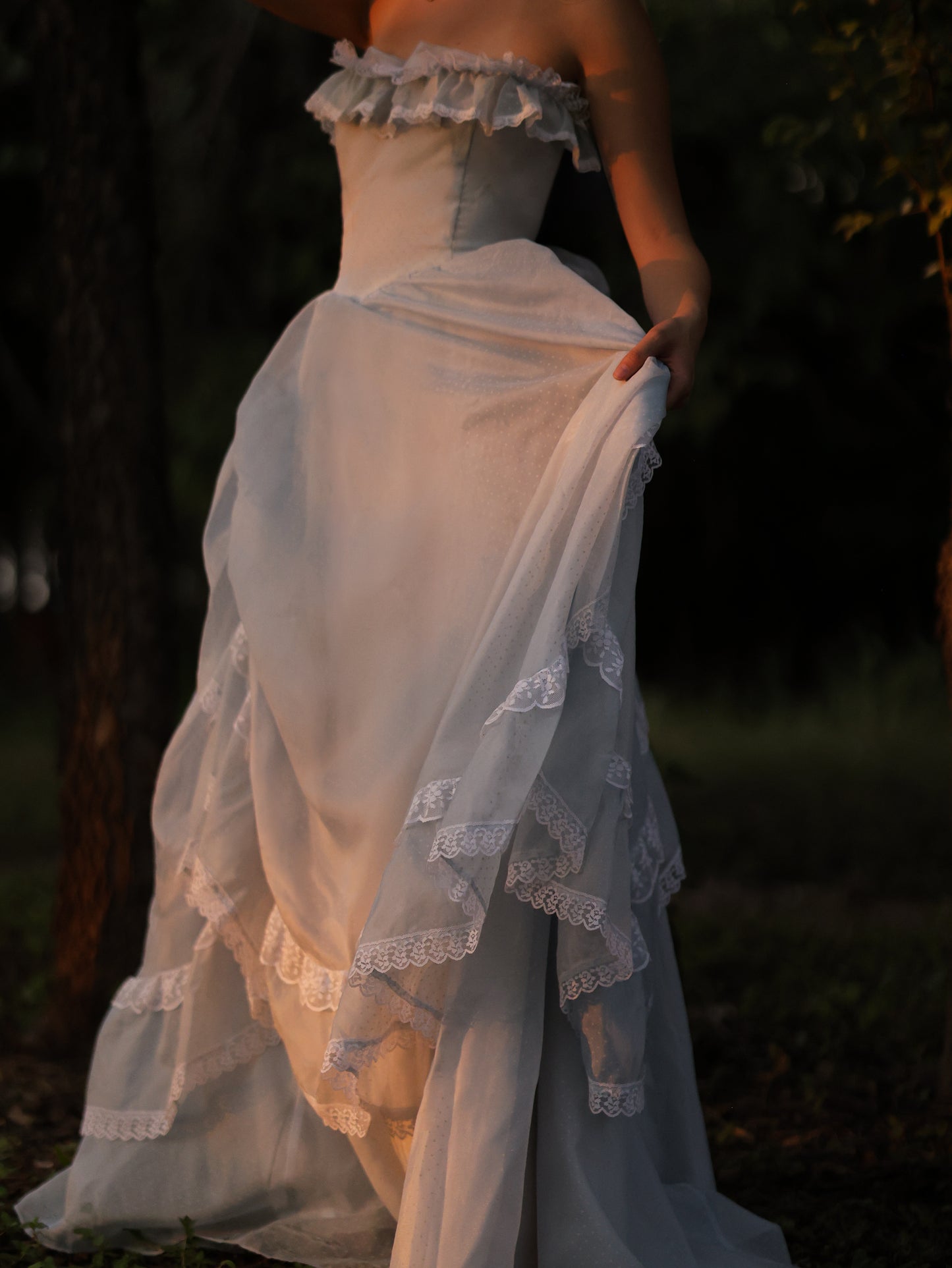 Gunne Sax Blue Swiss Dot Southern Belle Gown | Ruffle Lace Off-Shoulder Vintage Dress