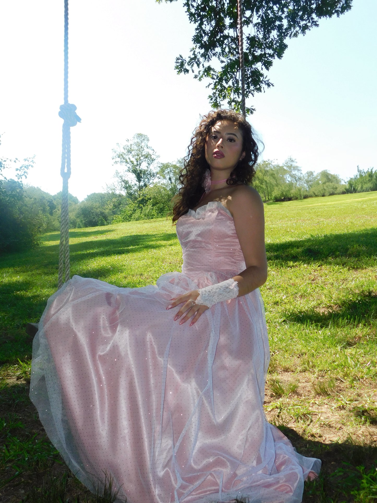 Voluminous vintage prom dress with sweetheart bodice, shimmering tulle overlay, and A-line skirt on grassy landscape.