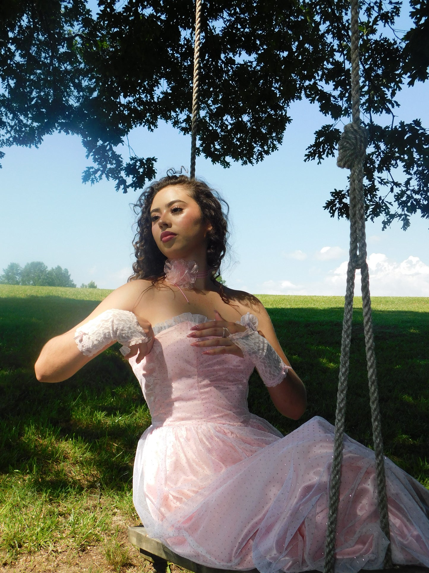 Romantic pink Gunne Sax gown on swing, vintage 1980s dress with princess silhouette and editorial styling.