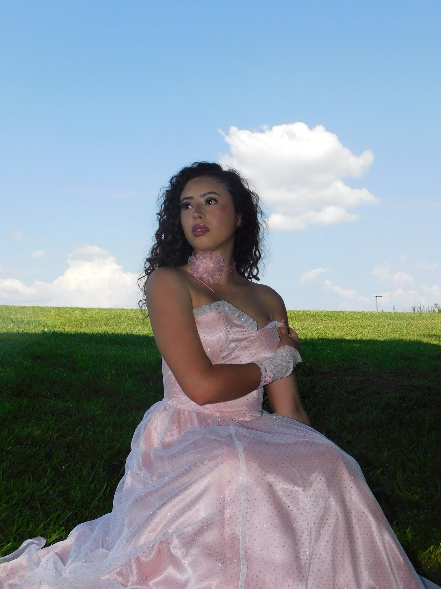Vintage pink satin and tulle Gunne Sax gown with lace trim and polka dot overlay, model seated on grass in editorial countryside setting.