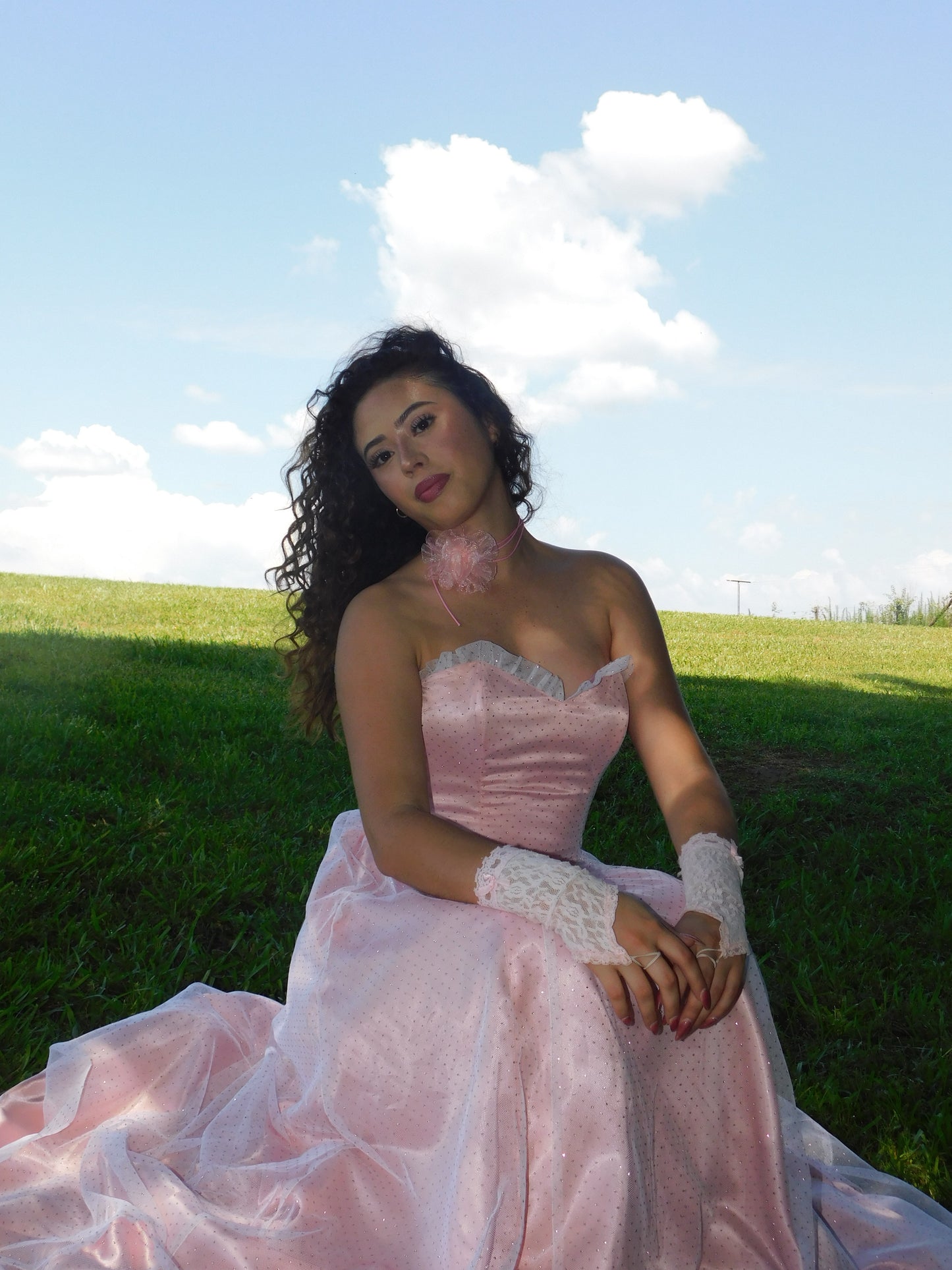 Fairytale pink strapless prom dress from the 1980s, full skirt and sweetheart bodice shown in soft natural light.