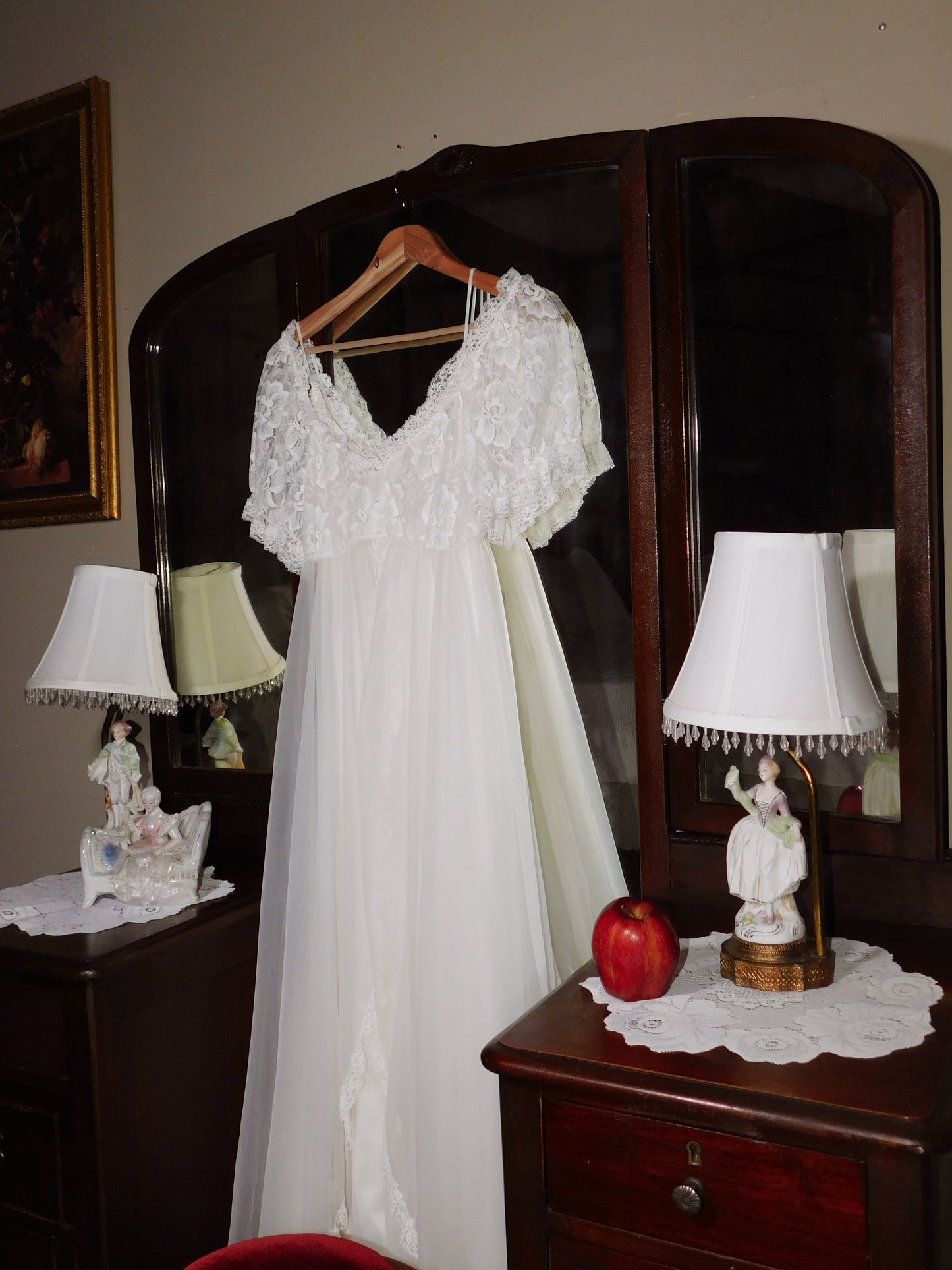 Vintage 1970s Bridal Peignoir Set in Sheer Chiffon and Lace with Removable Robe
