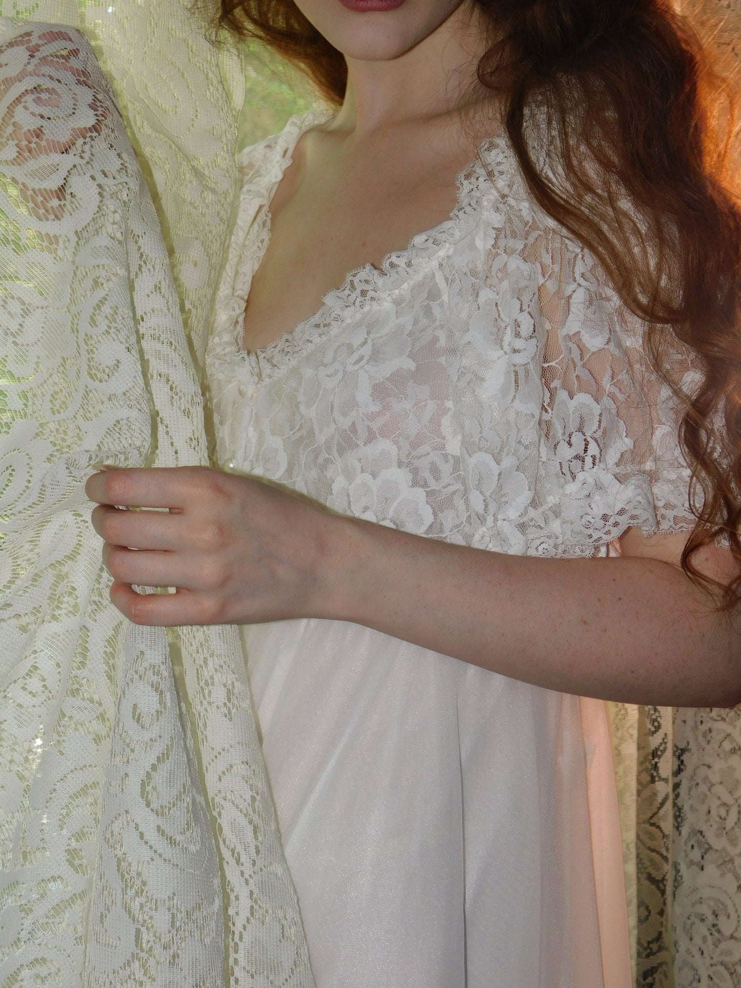 Vintage 1970s Bridal Peignoir Set in Sheer Chiffon and Lace with Removable Robe