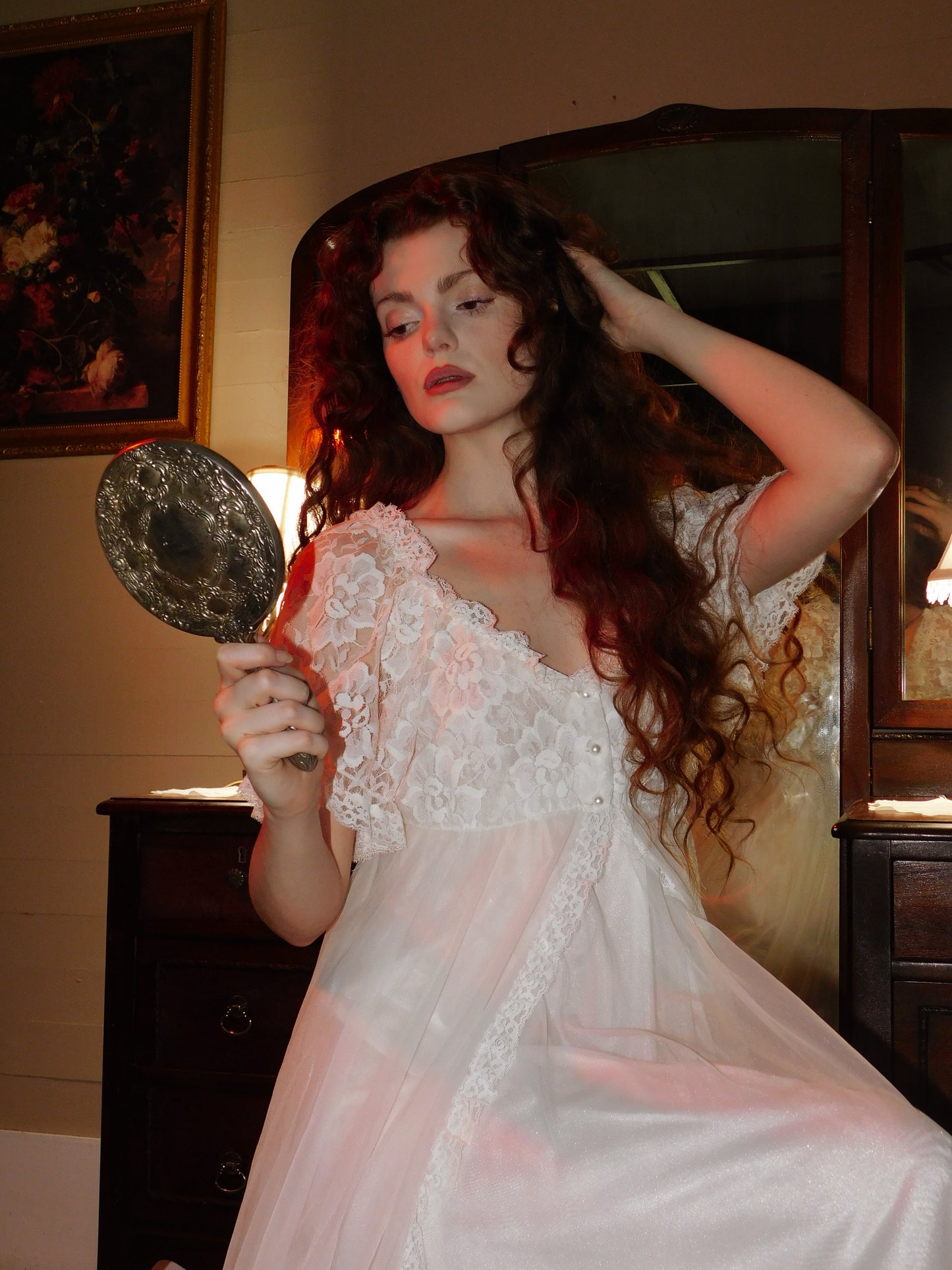 Vintage 1970s Bridal Peignoir Set in Sheer Chiffon and Lace with Removable Robe