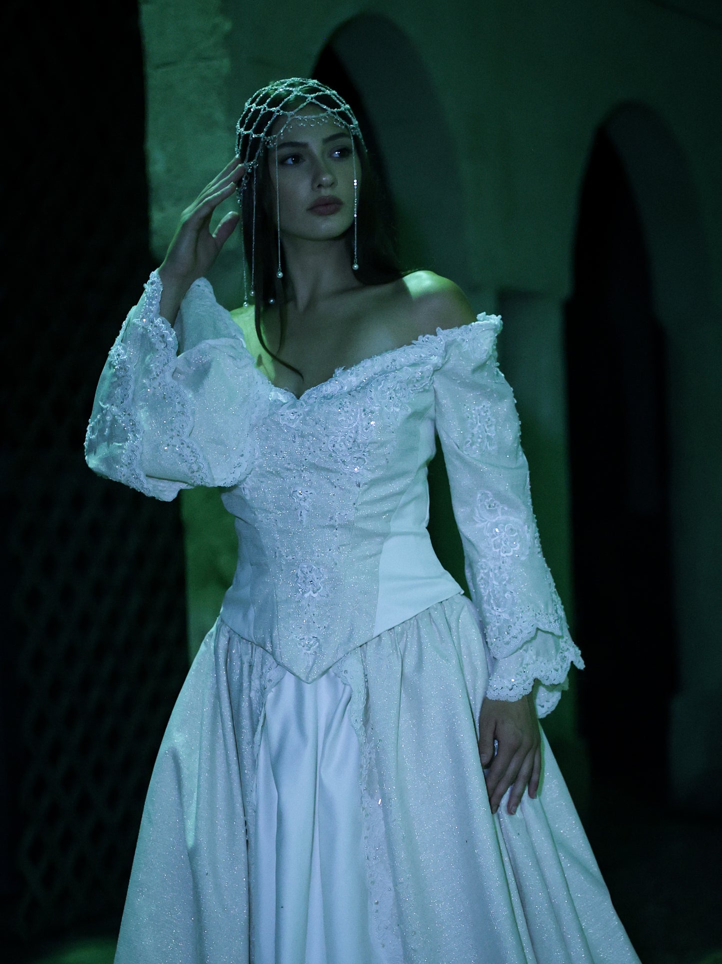1980s Off-Shoulder Beaded Bridal Gown with Juliet Sleeves