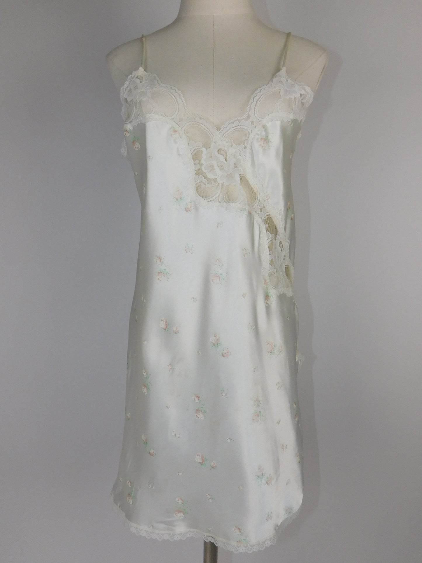 90s Liquid Satin White Floral and Lace Slip Dress