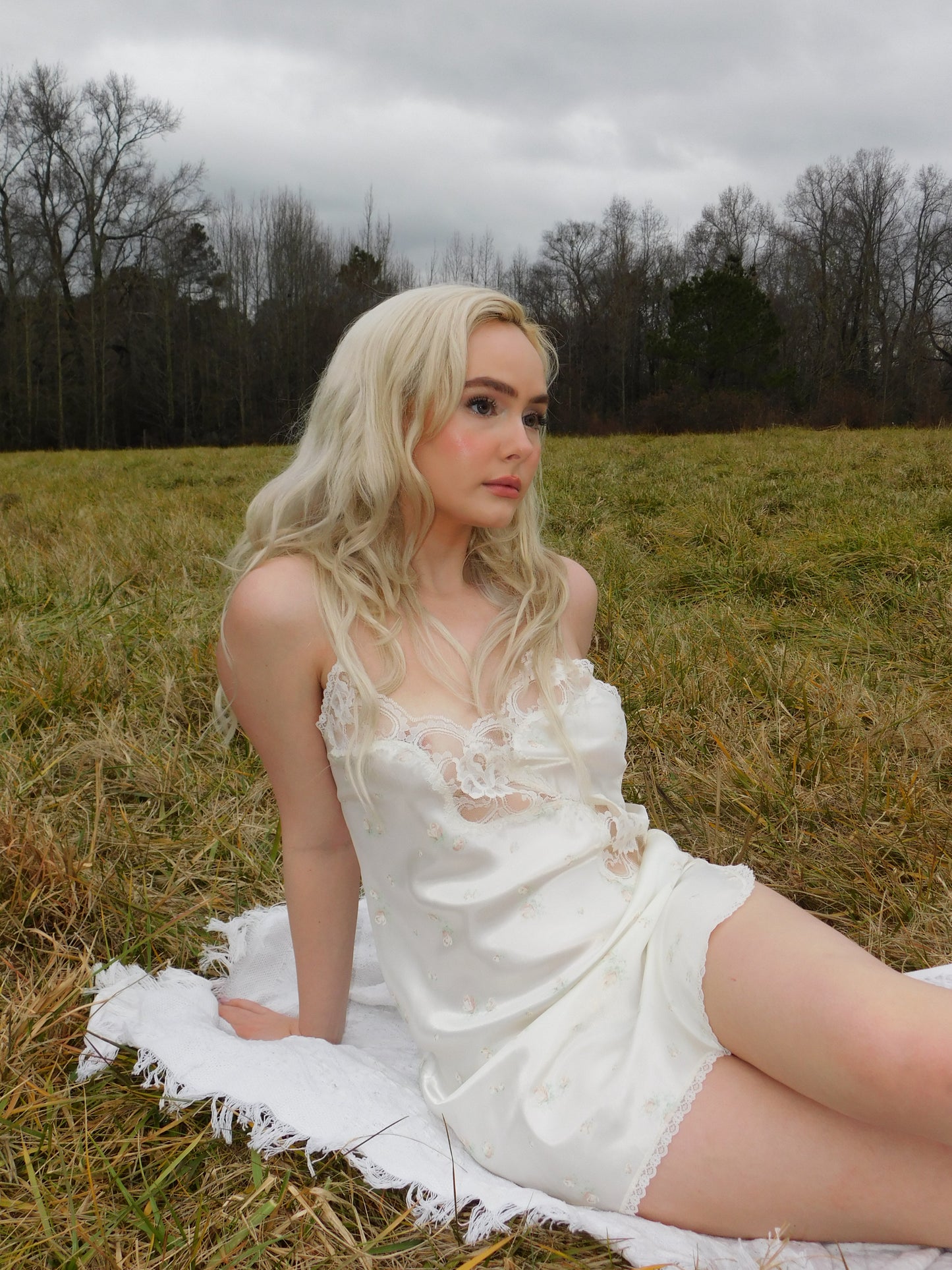 90s Liquid Satin White Floral and Lace Slip Dress