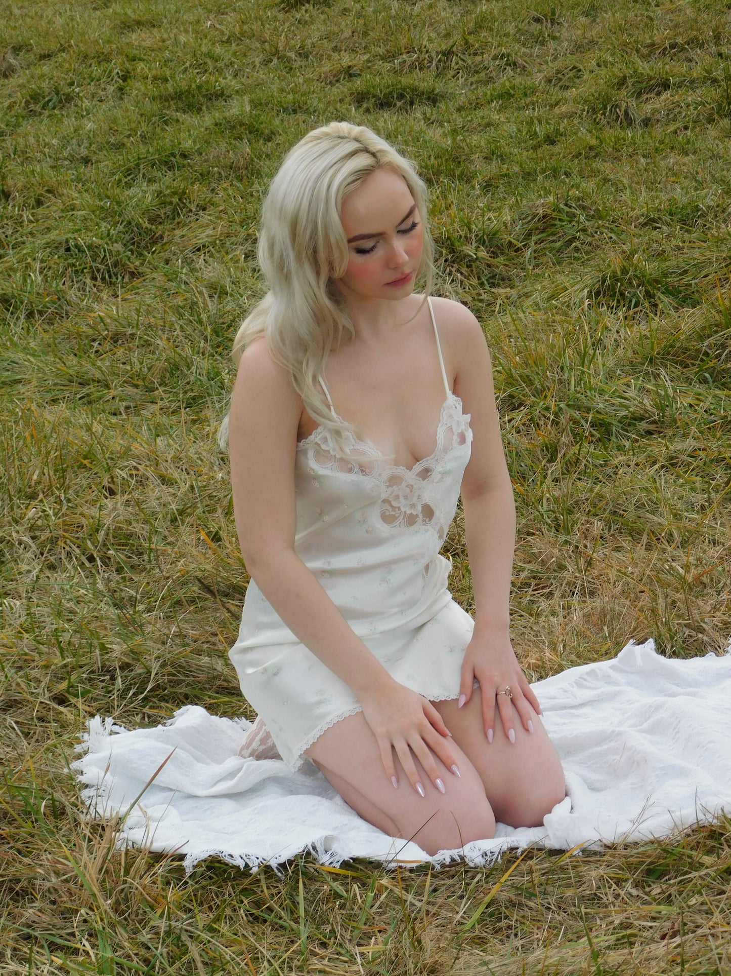 90s Liquid Satin White Floral and Lace Slip Dress