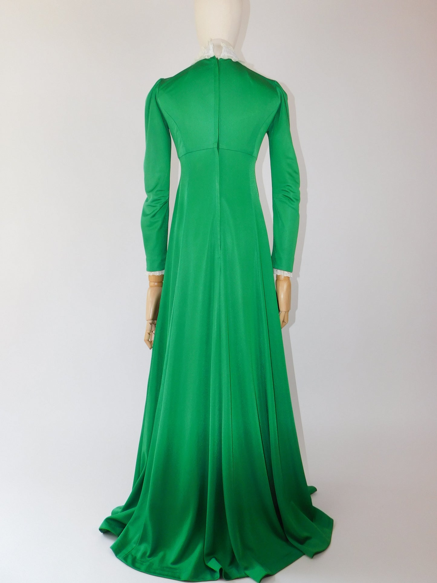 1970s Emerald Green Maxi Prairie Dress with Cream Lace Bib