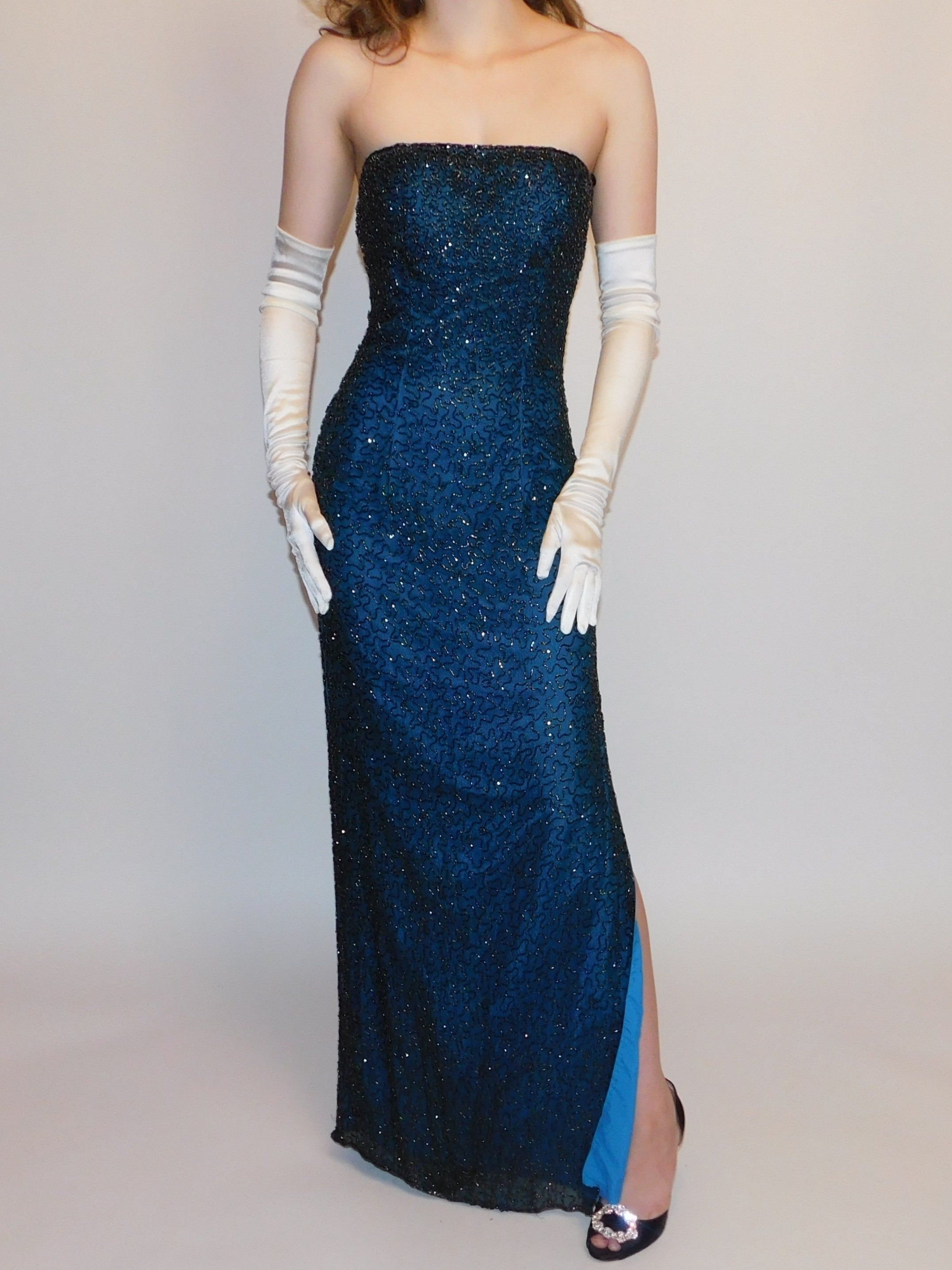 Vintage Andretta Donatello Strapless Beaded Evening Gown With Slit – silkinly