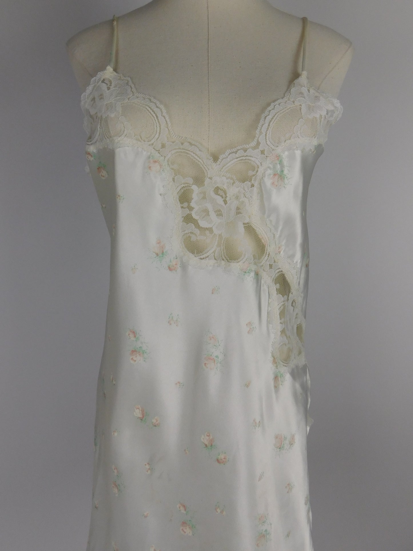 90s Liquid Satin White Floral and Lace Slip Dress