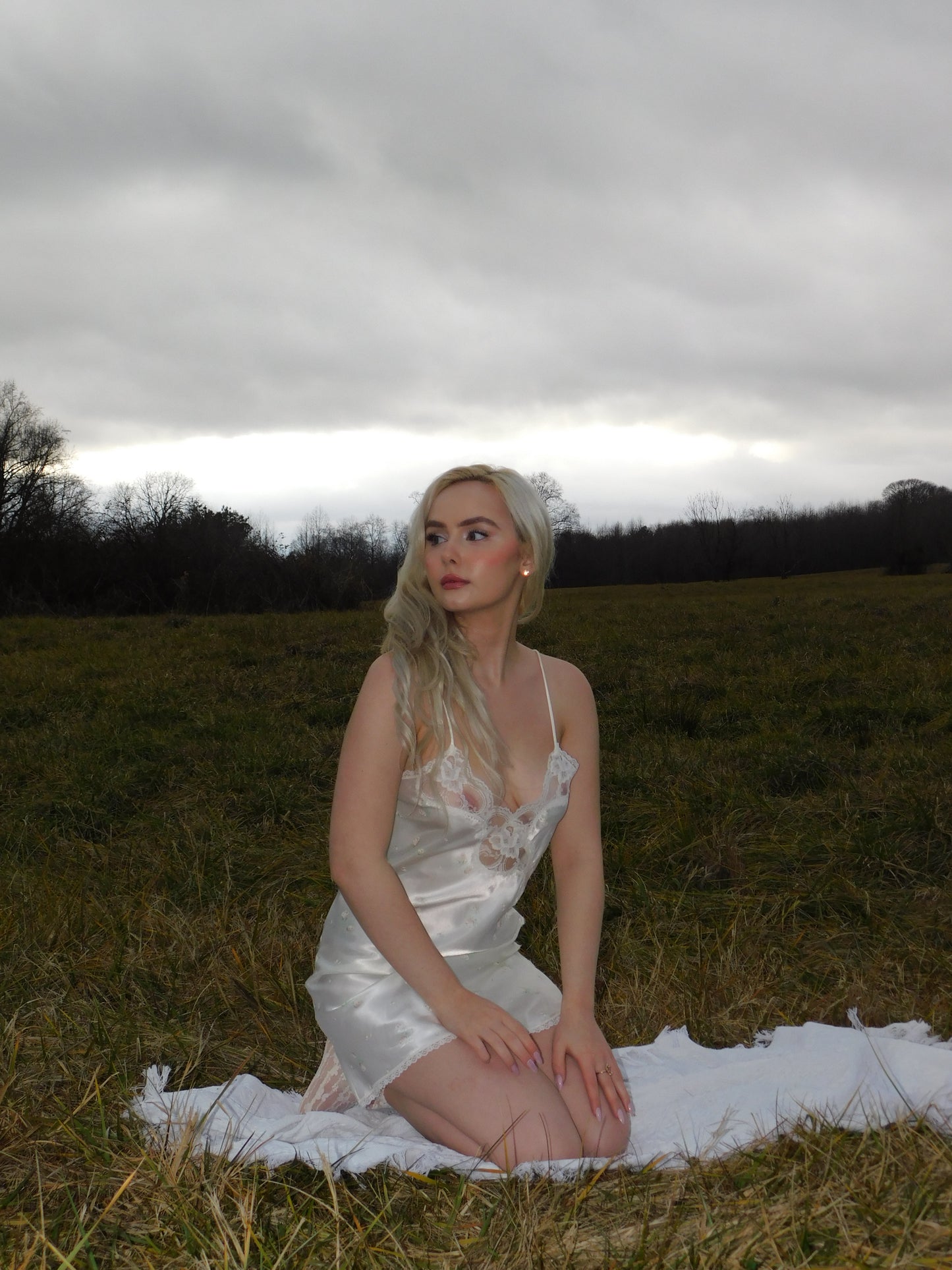 90s Liquid Satin White Floral and Lace Slip Dress