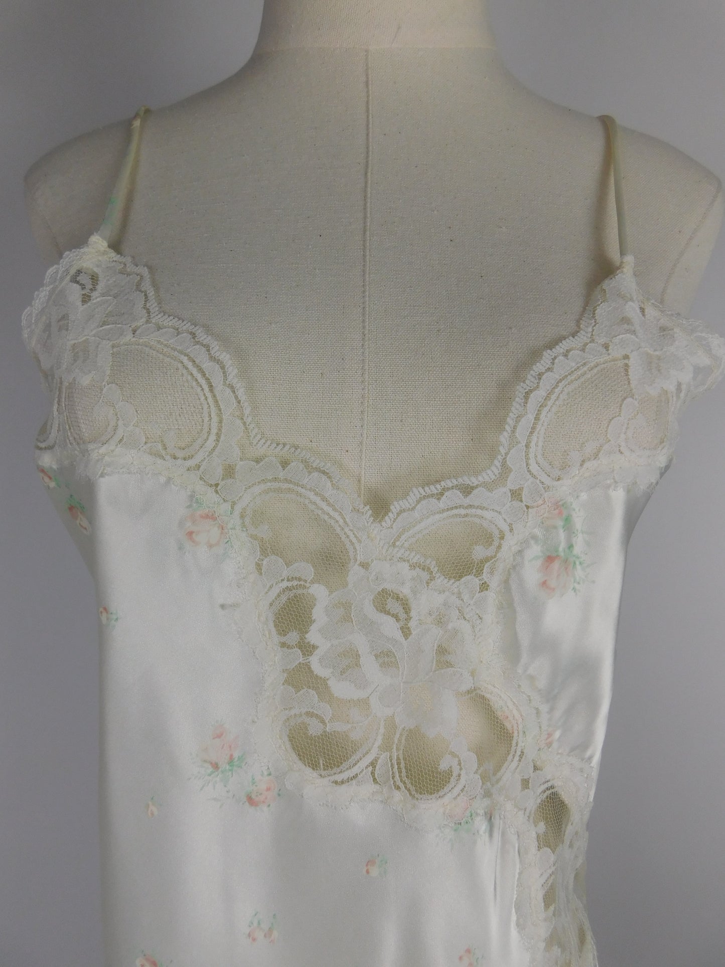 90s Liquid Satin White Floral and Lace Slip Dress