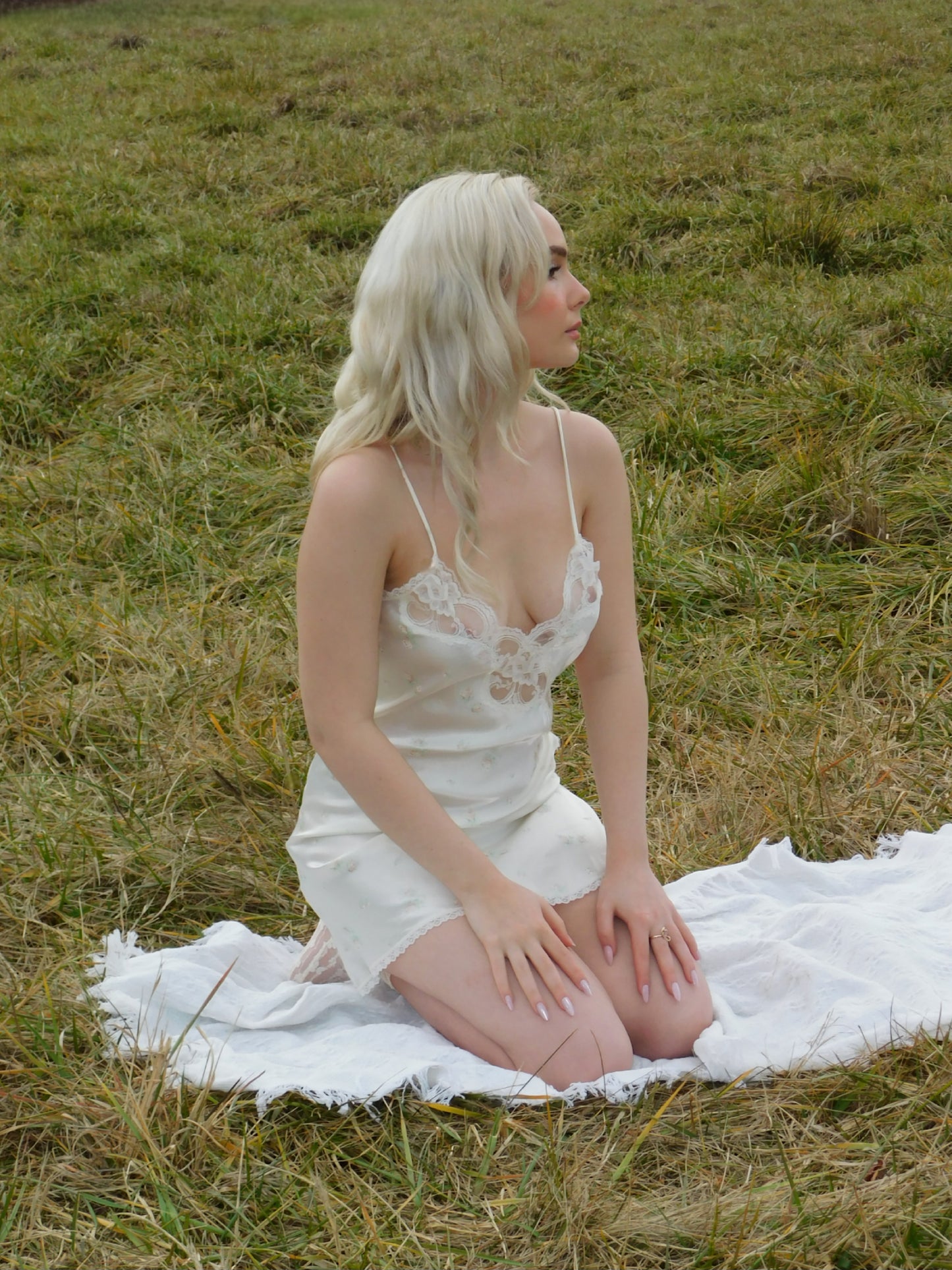 90s Liquid Satin White Floral and Lace Slip Dress
