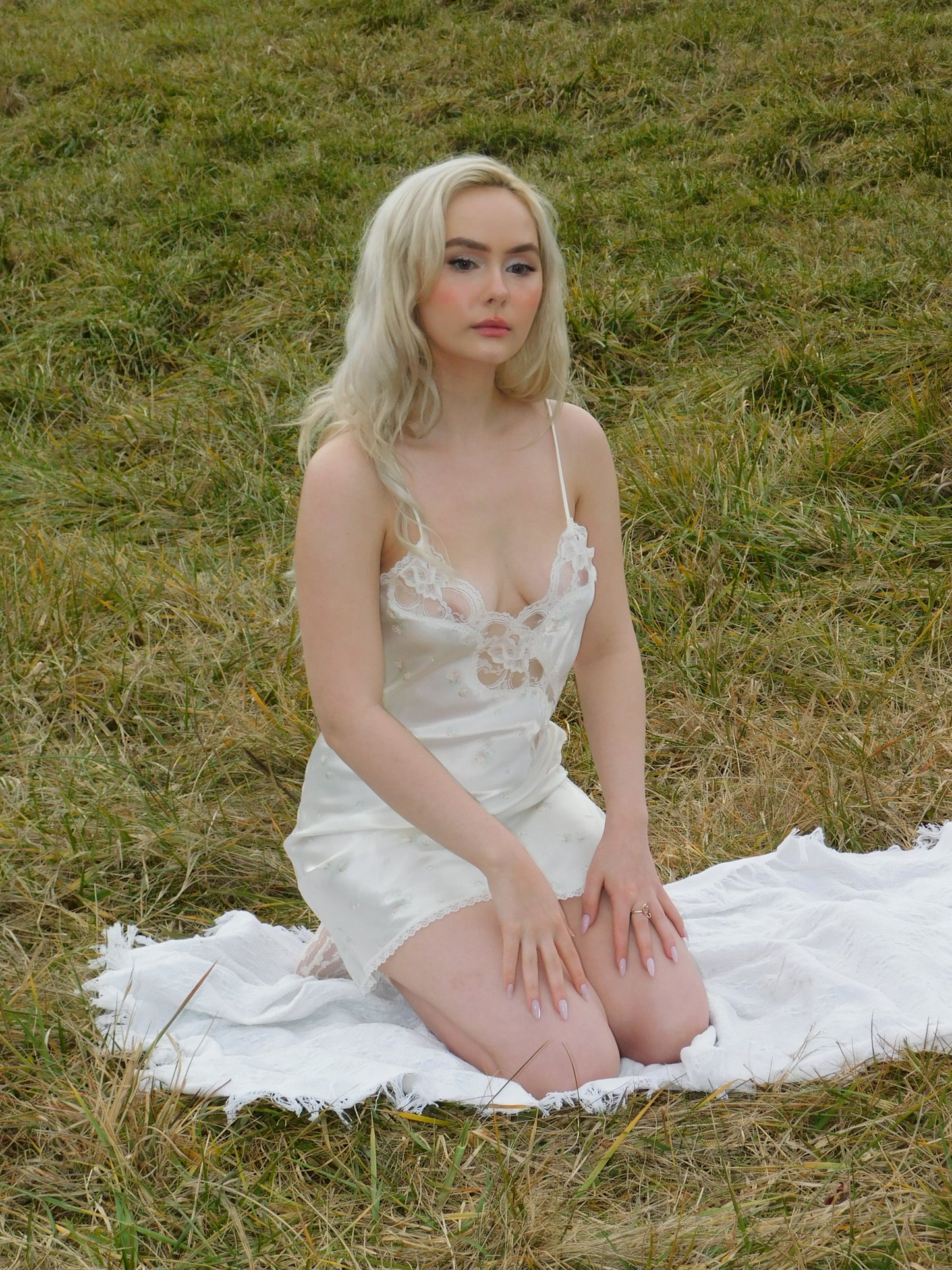 90s Liquid Satin White Floral and Lace Slip Dress