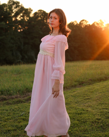 Vintage 1970s Soft Pink Chiffon Gown with Ruffled Bodice and Sheer Poet Sleeves