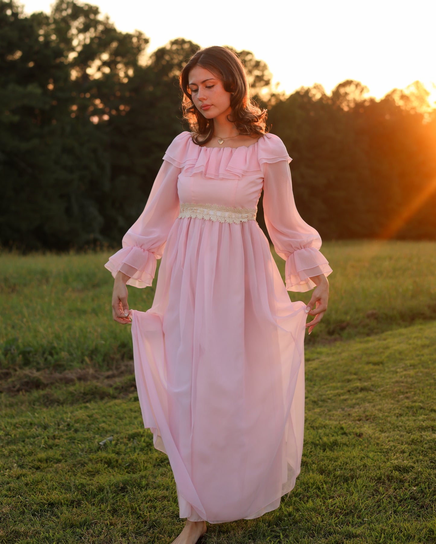 Vintage 1970s Soft Pink Chiffon Gown with Ruffled Bodice and Sheer Poet Sleeves