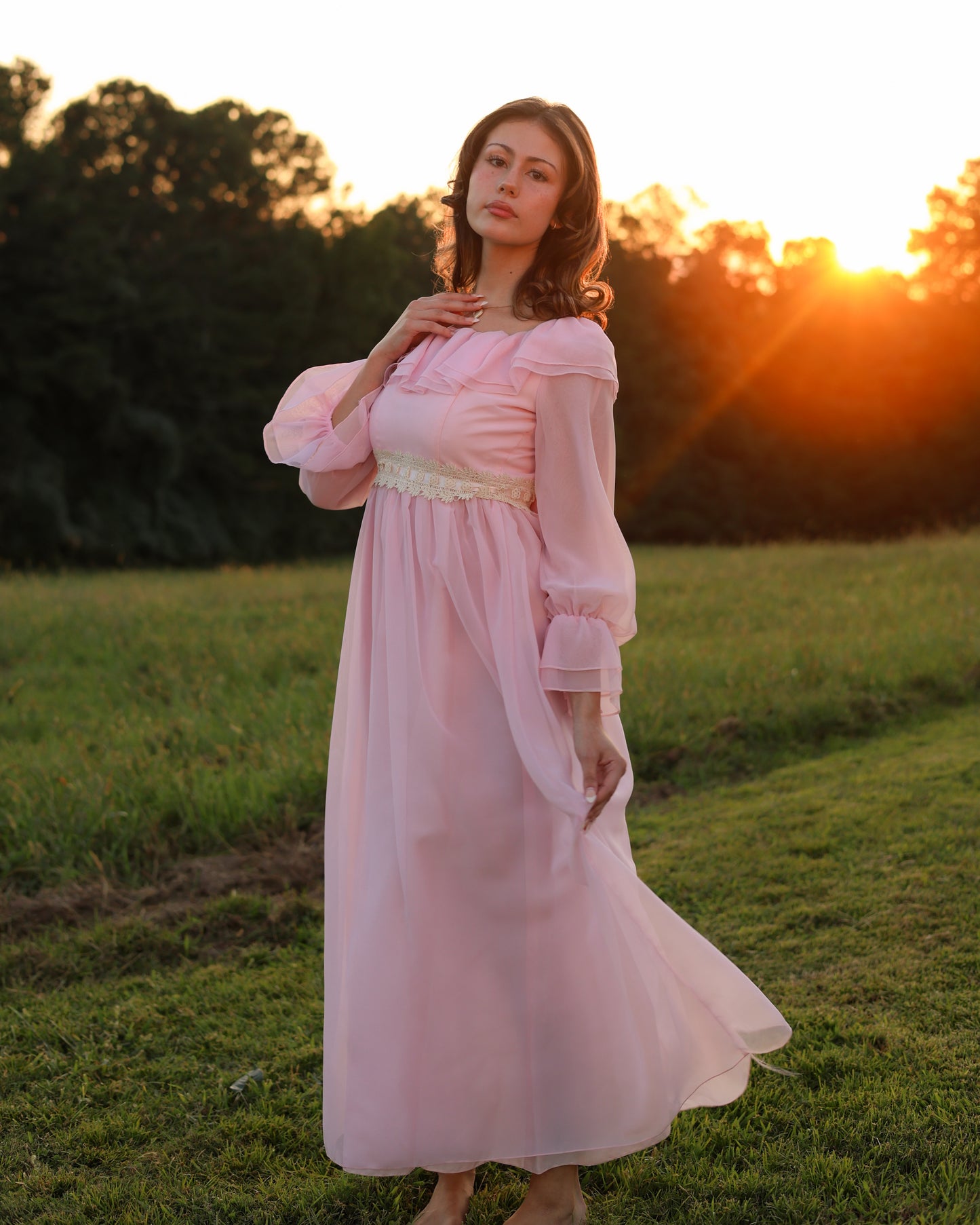 Vintage 1970s Soft Pink Chiffon Gown with Ruffled Bodice and Sheer Poet Sleeves