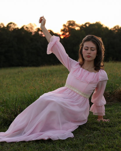 Vintage 1970s Soft Pink Chiffon Gown with Ruffled Bodice and Sheer Poet Sleeves