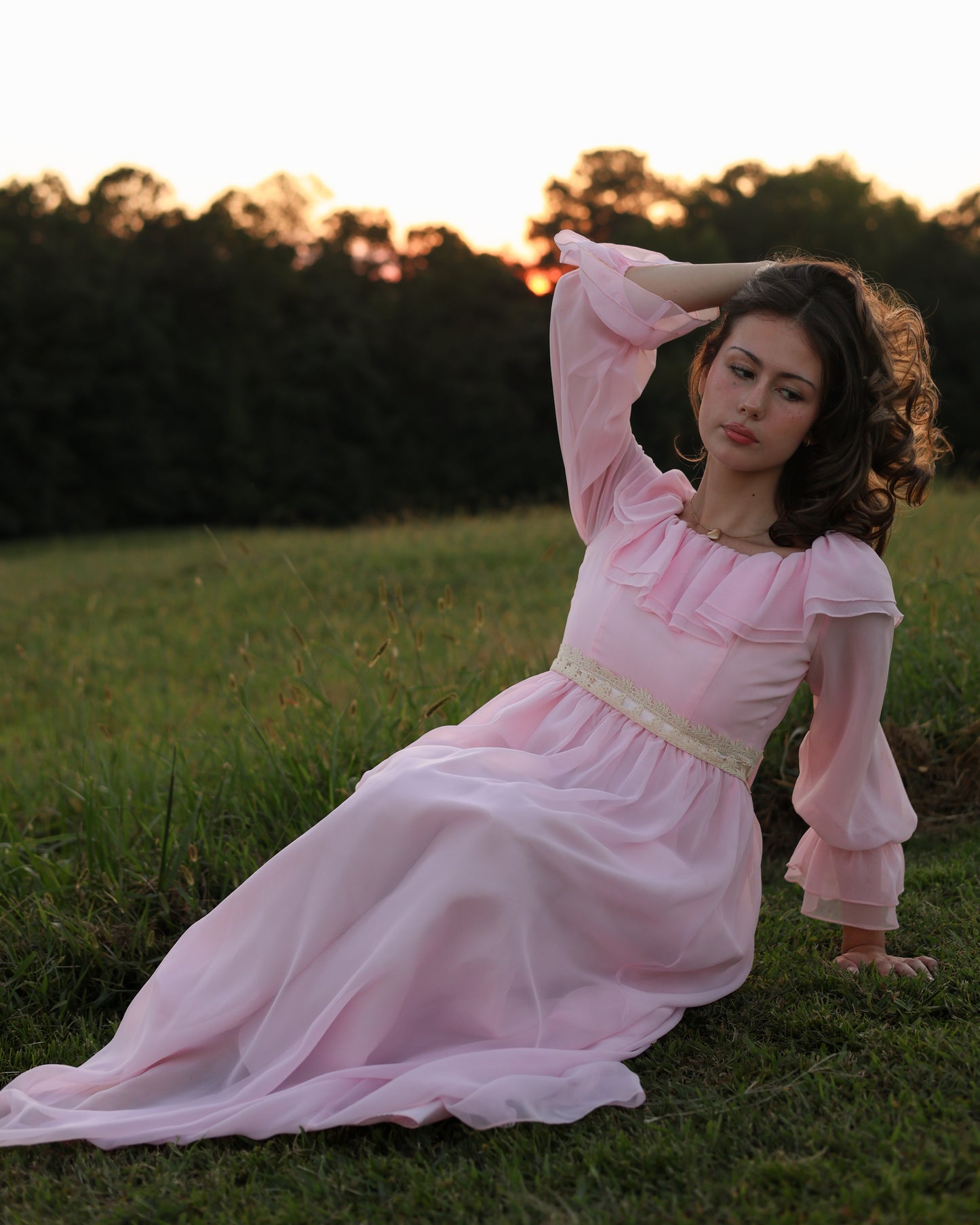 Vintage 1970s Soft Pink Chiffon Gown with Ruffled Bodice and Sheer Poet Sleeves