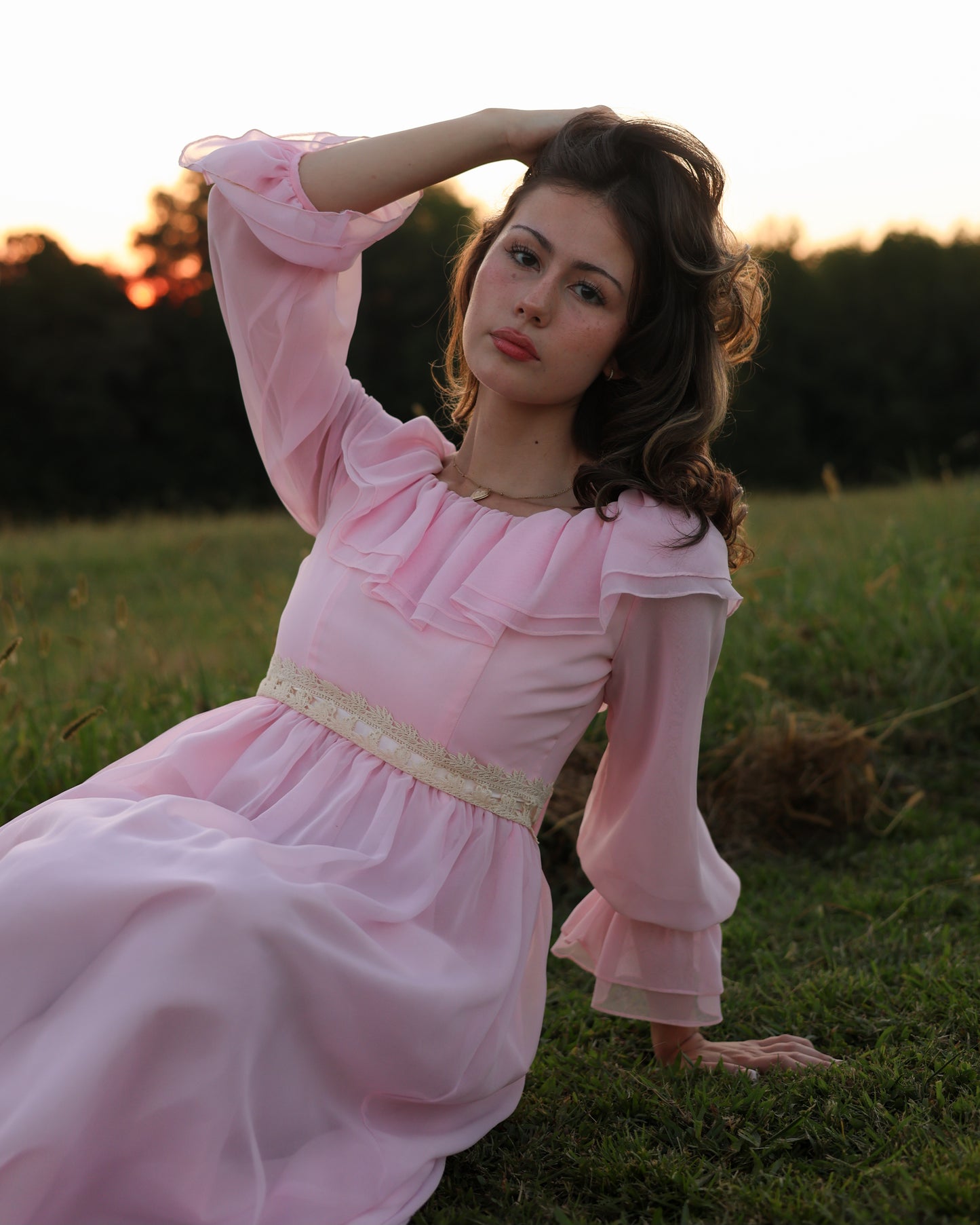 Vintage 1970s Soft Pink Chiffon Gown with Ruffled Bodice and Sheer Poet Sleeves