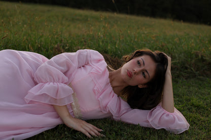 Vintage 1970s Soft Pink Chiffon Gown with Ruffled Bodice and Sheer Poet Sleeves