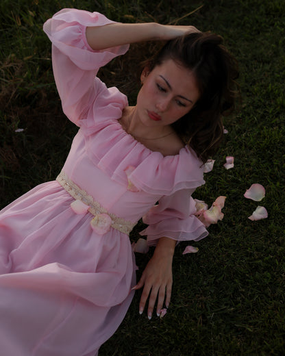Vintage 1970s Soft Pink Chiffon Gown with Ruffled Bodice and Sheer Poet Sleeves