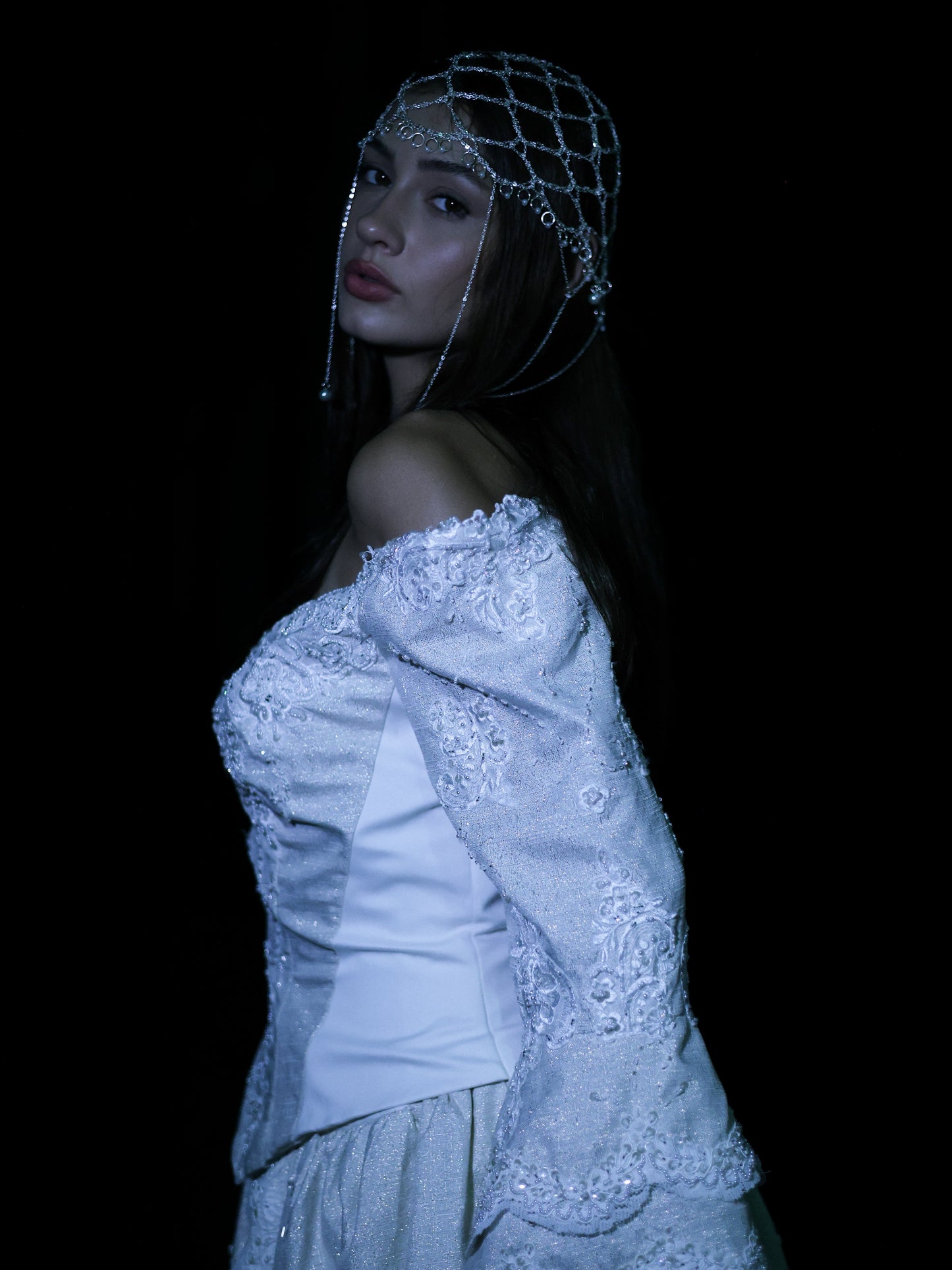 1980s Off-Shoulder Beaded Bridal Gown with Juliet Sleeves