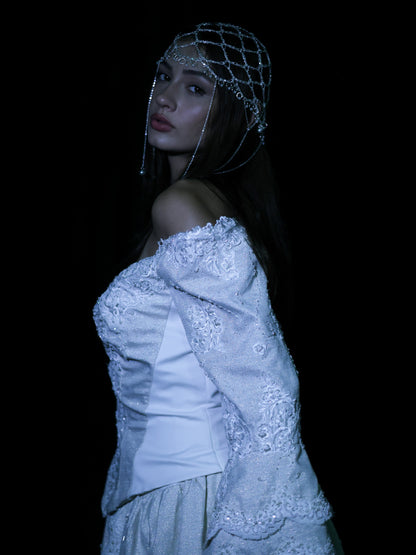 1980s Off-Shoulder Beaded Bridal Gown with Juliet Sleeves