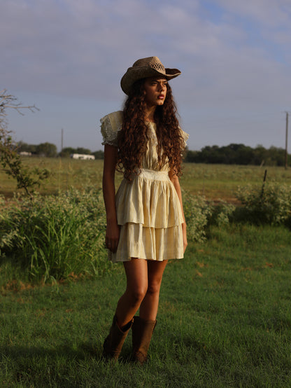 1970s Linen Prairie Revival Dress Edwardian Inspired Yellow Lace Ruffle Puff Sleeve