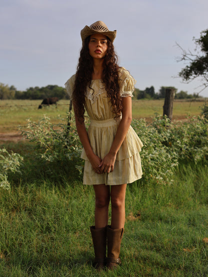 1970s Linen Prairie Revival Dress Edwardian Inspired Yellow Lace Ruffle Puff Sleeve