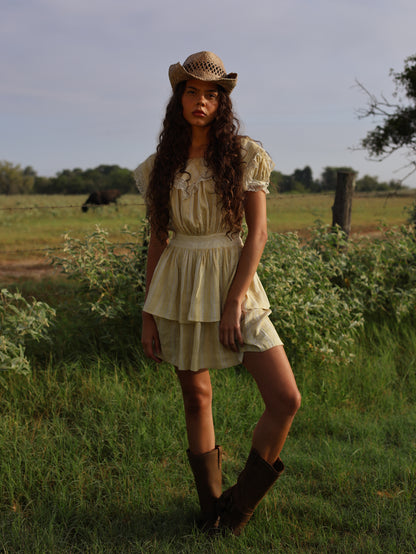 1970s Linen Prairie Revival Dress Edwardian Inspired Yellow Lace Ruffle Puff Sleeve