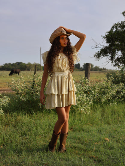 1970s Linen Prairie Revival Dress Edwardian Inspired Yellow Lace Ruffle Puff Sleeve