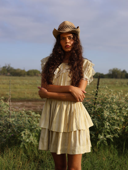 1970s Linen Prairie Revival Dress Edwardian Inspired Yellow Lace Ruffle Puff Sleeve