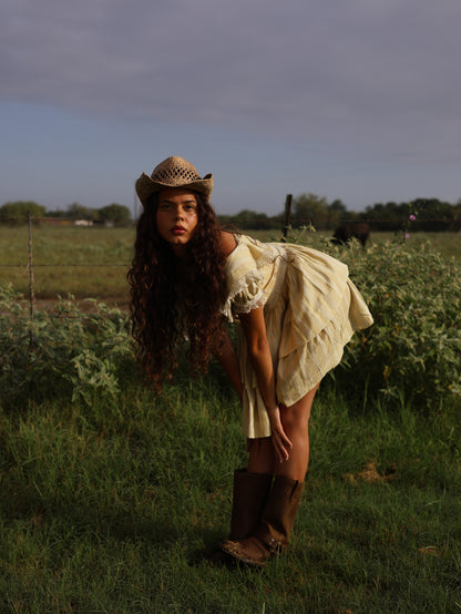 1970s Linen Prairie Revival Dress Edwardian Inspired Yellow Lace Ruffle Puff Sleeve