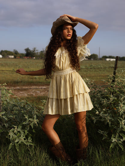 1970s Linen Prairie Revival Dress Edwardian Inspired Yellow Lace Ruffle Puff Sleeve