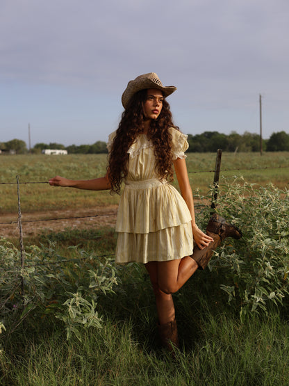 1970s Linen Prairie Revival Dress Edwardian Inspired Yellow Lace Ruffle Puff Sleeve