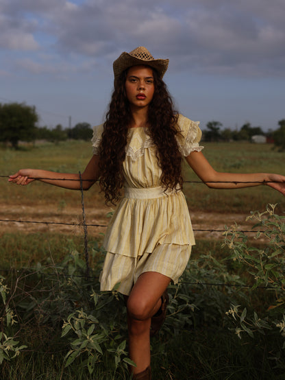 1970s Linen Prairie Revival Dress Edwardian Inspired Yellow Lace Ruffle Puff Sleeve