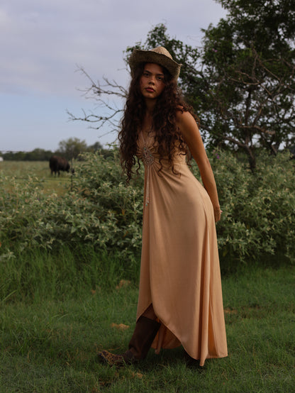 1970s Camel Slinky Knit Maxi Dress Beaded Boho Hippie Festival Gown