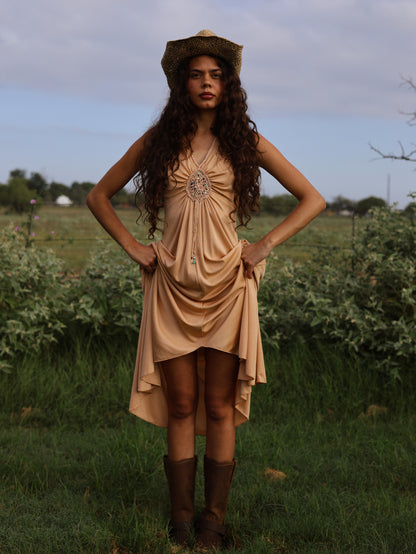 1970s Camel Slinky Knit Maxi Dress Beaded Boho Hippie Festival Gown