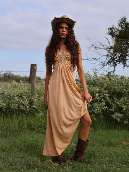 1970s Camel Slinky Knit Maxi Dress Beaded Boho Hippie Festival Gown