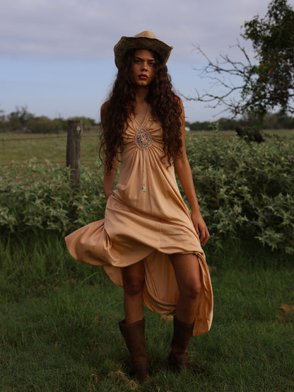 1970s Camel Slinky Knit Maxi Dress Beaded Boho Hippie Festival Gown