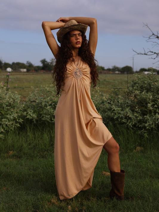 1970s Camel Slinky Knit Maxi Dress Beaded Boho Hippie Festival Gown
