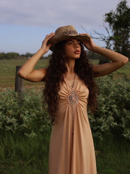 1970s Camel Slinky Knit Maxi Dress Beaded Boho Hippie Festival Gown