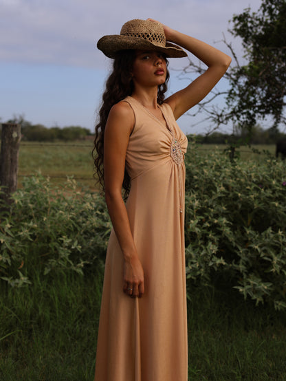 1970s Camel Slinky Knit Maxi Dress Beaded Boho Hippie Festival Gown