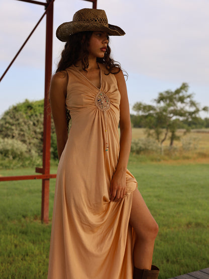 1970s Camel Slinky Knit Maxi Dress Beaded Boho Hippie Festival Gown